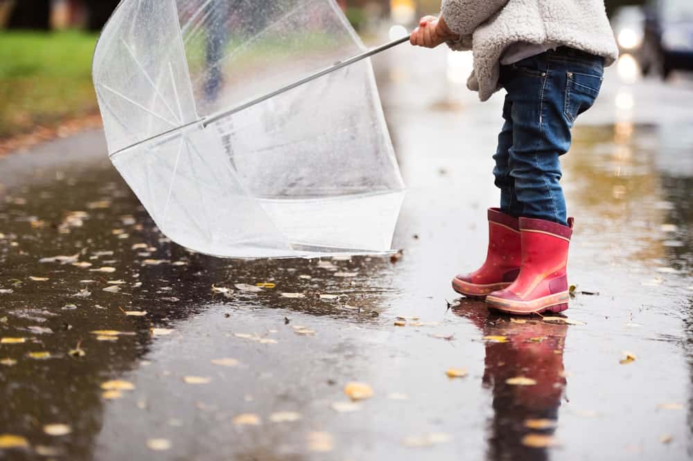 child on a rainy day in boots with an umbrella